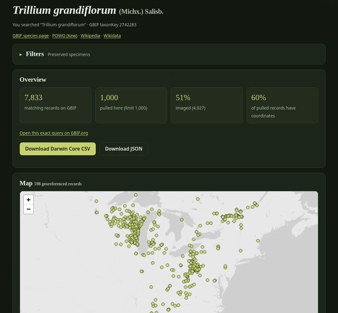 Search page for Trillium grandiflorum: 7,833 matching GBIF records, 51% imaged, Darwin Core CSV export, and a map of specimen localities around the Great Lakes